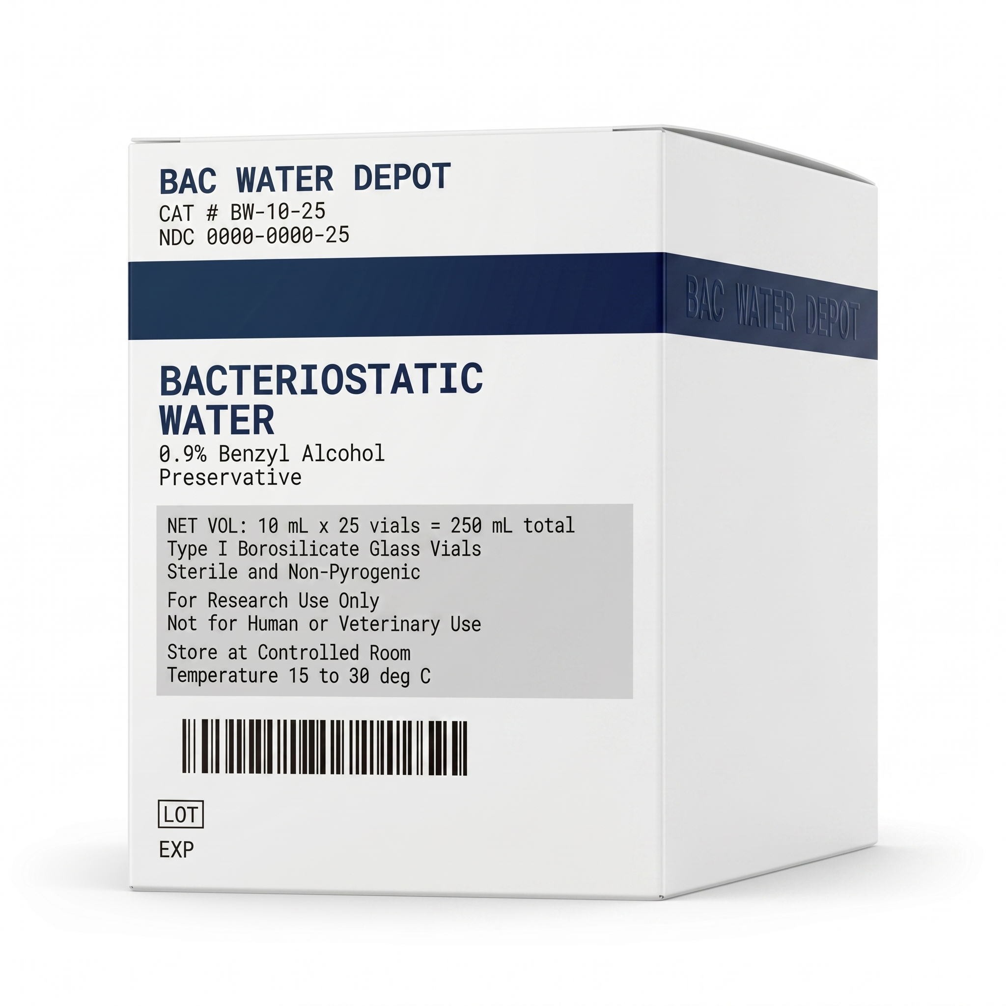 BAC Water Depot 25-Vial Pack · 25× 10mL Bacteriostatic Water · CAT BW-10-25